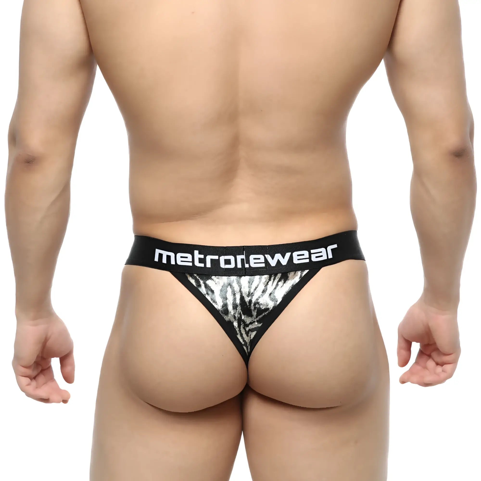 Black and silver zebra-print thong with metromalewear branded waistband metrothong 2912-61 front view