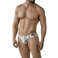 White briefs with gold and red chain pattern featuring bow logo on waistband metro male wear tiki bikini 5103-89