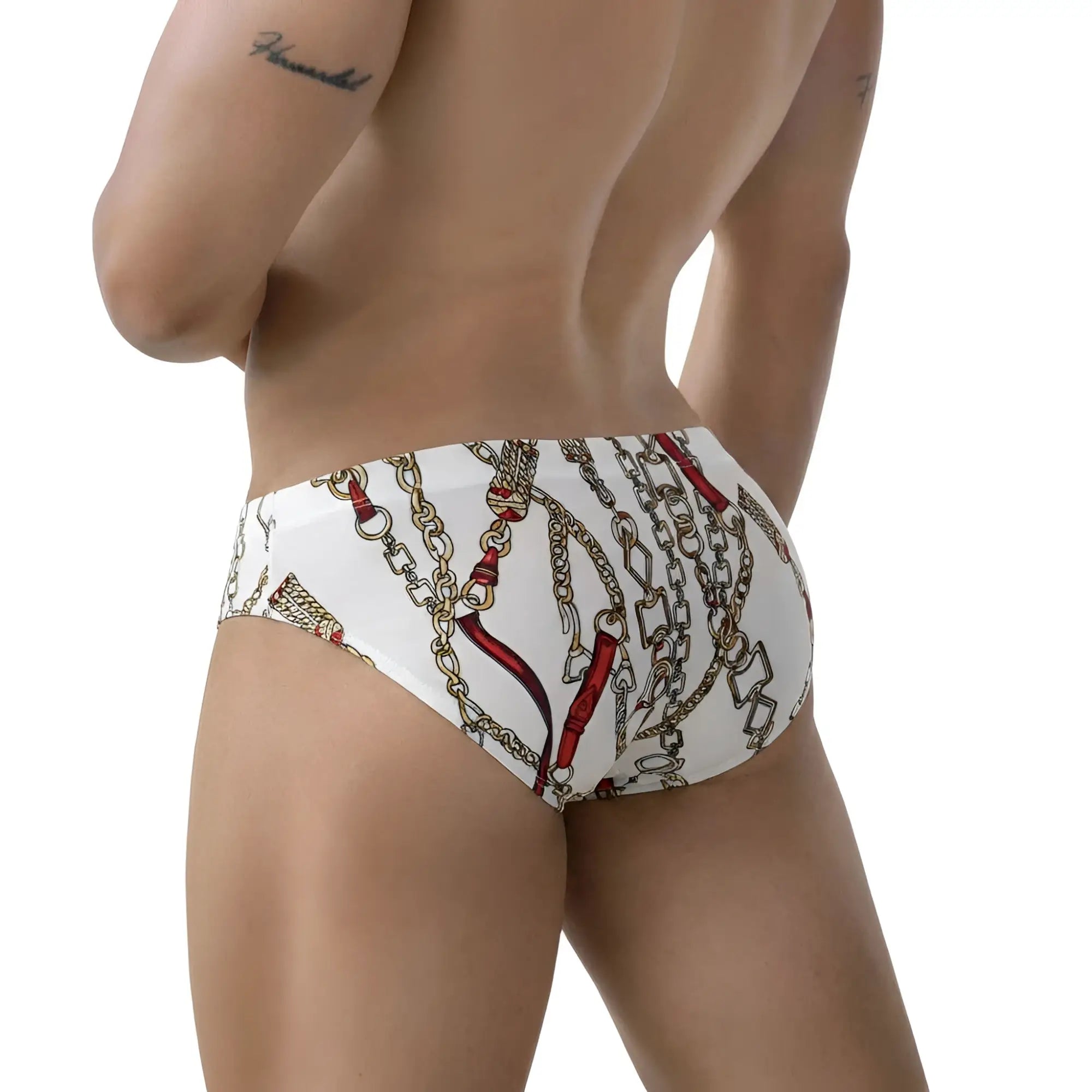 White briefs metro malewear tiki bikini 5103-89 with bold gold and red chain pattern on a white fabric