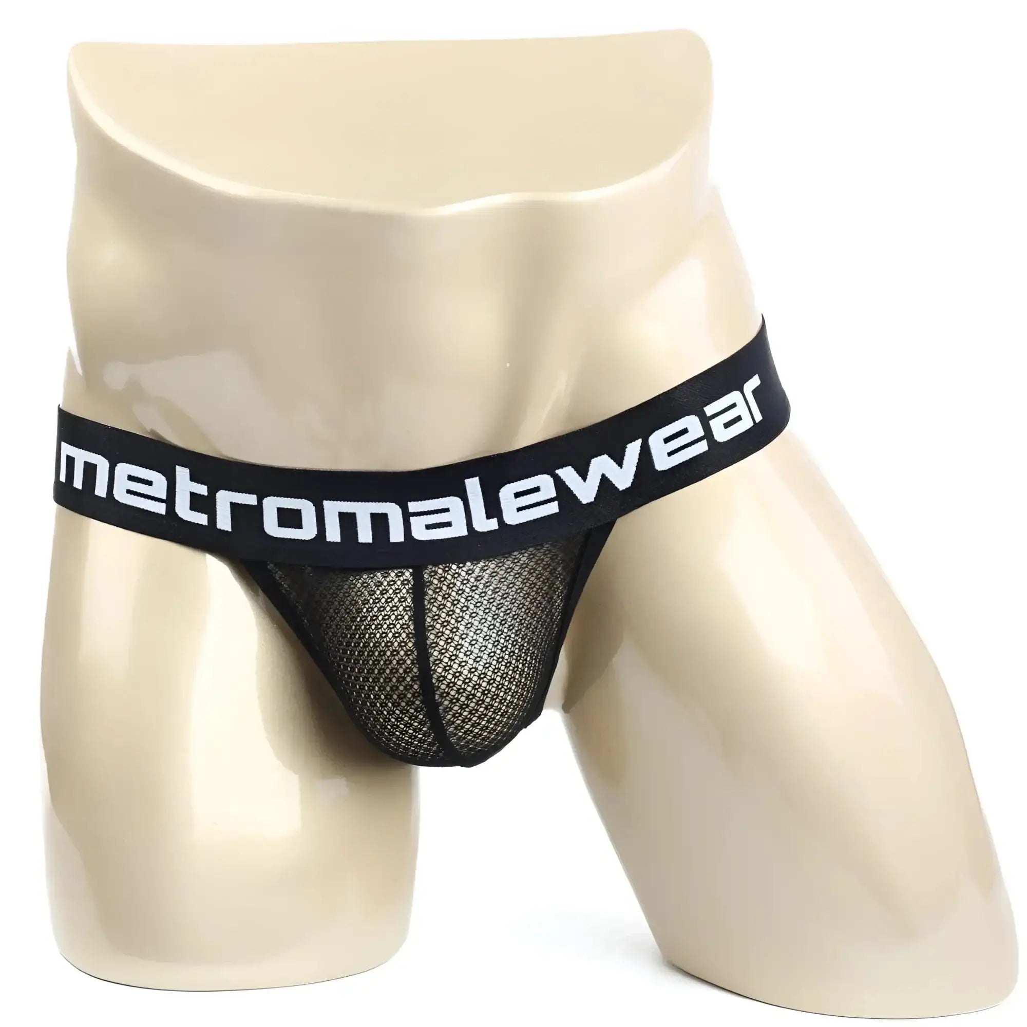Black mesh briefs with black elastic waistband and metromalewear logo in white from metro male wear time thong tull 2902-30