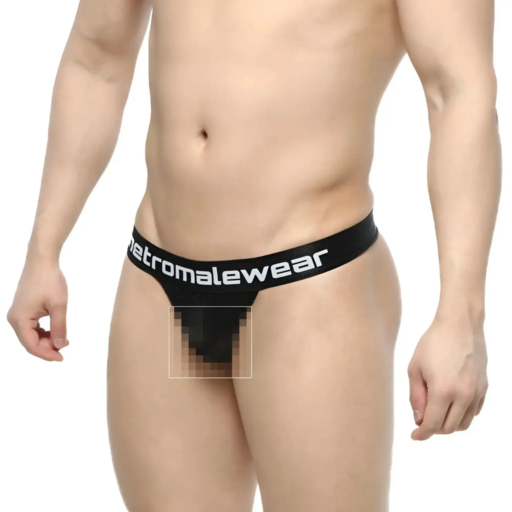 Black mesh MetroMaleWear time thong with wide elastic waistband and white logo lettering front view