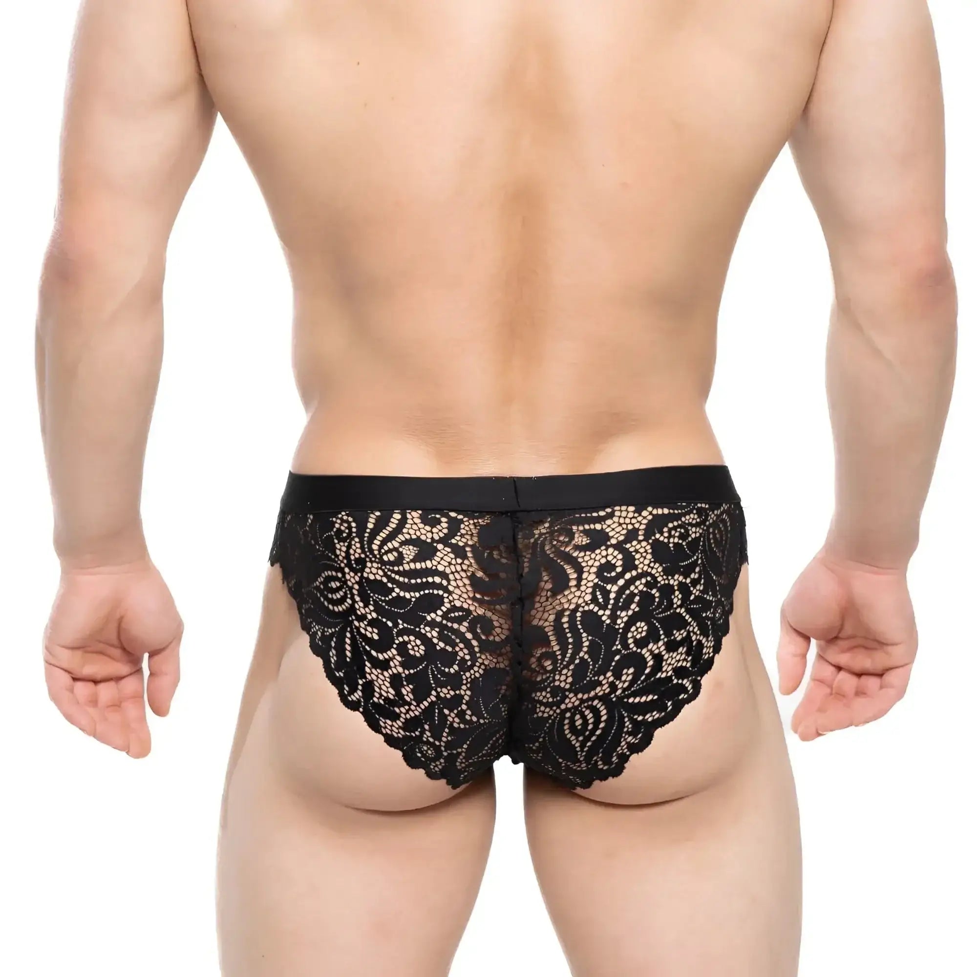 Black lace underwear metro malewear todd brief black 1403-20 with intricate floral patterns and solid waistband