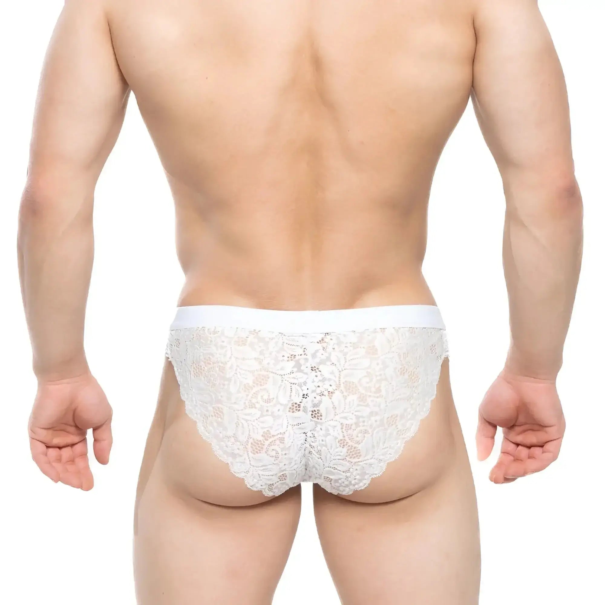 Metro male wear todd brief white lace briefs with delicate floral patterns and scalloped edge in white