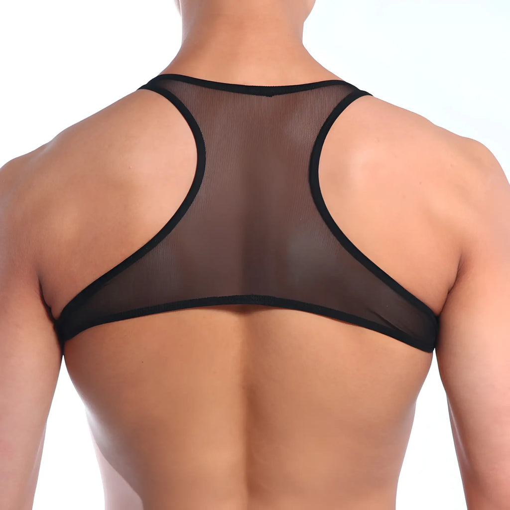 Black mesh backless top with sleek form-fitting design from metromalewear in style 3129-71 shown from the back side