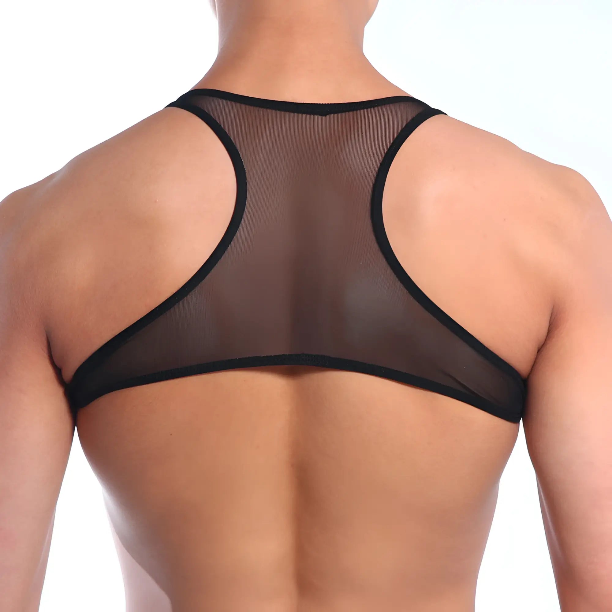 Black mesh backless top with sleek form-fitting design from metromalewear in style 3129-71 shown from the back side