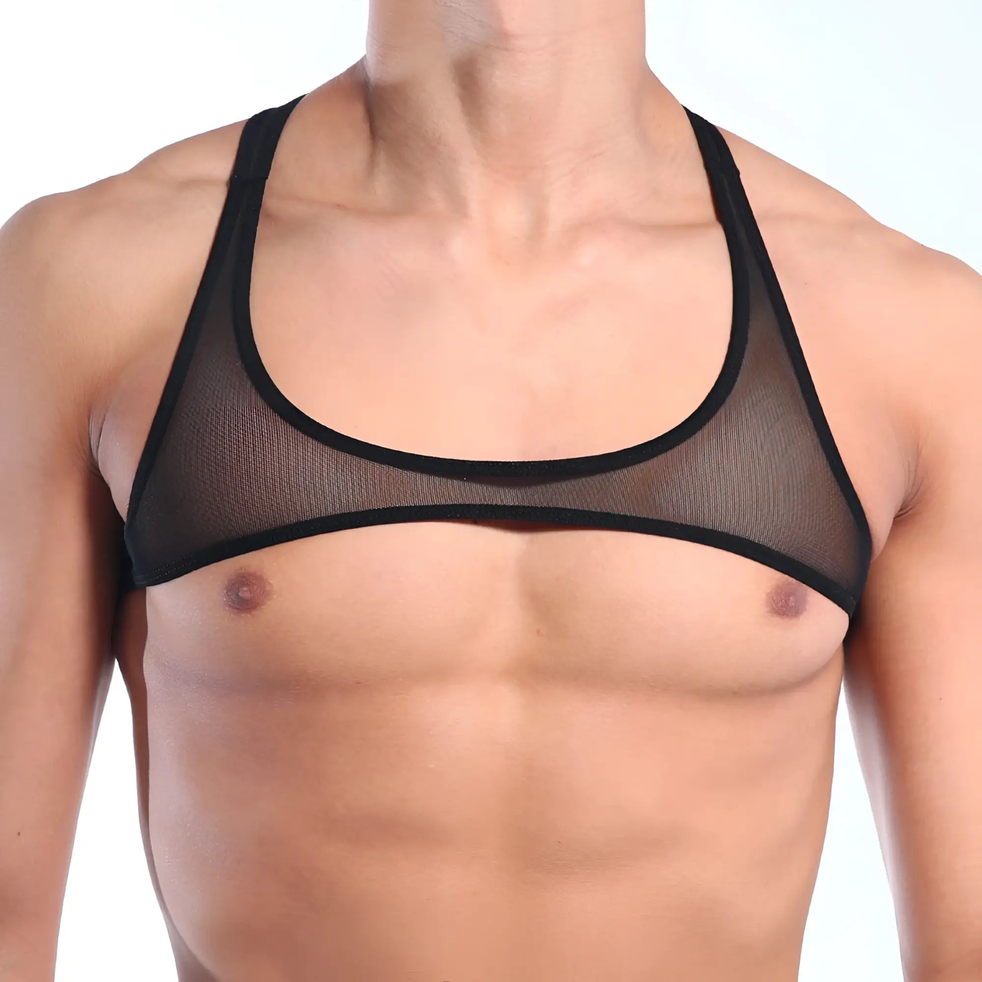 Black mesh sports bra with reinforced black trim from MetroMaleWear top y black mesh 3129-71