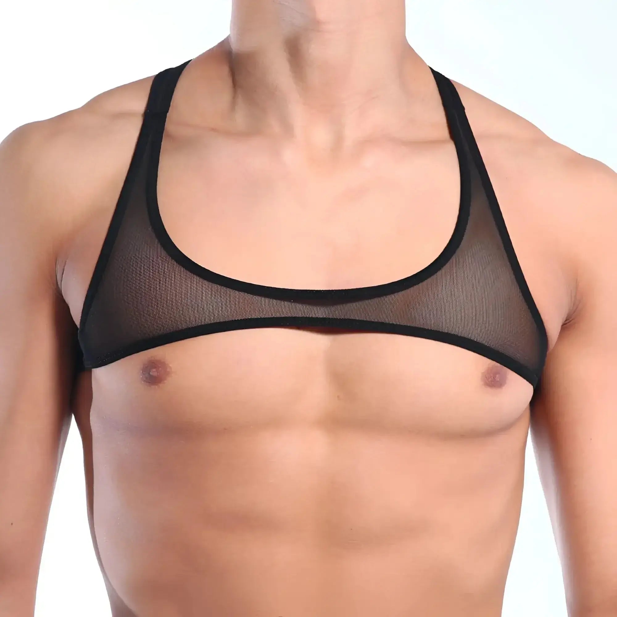 Black mesh sports bra with reinforced black trim from MetroMaleWear top y black mesh 3129-71