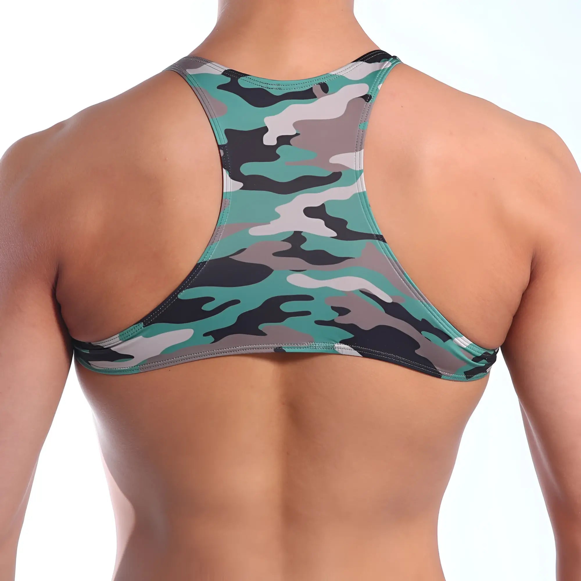 A teal gray and black camouflage-patterned racerback sports bra from metromalewear designed for active use