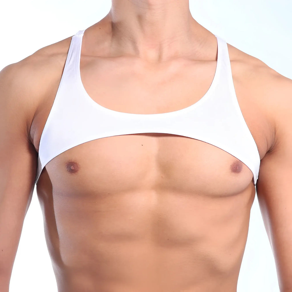White form-fitting tank top with wide shoulder straps and scoop neckline by MetroMaleWear model 3129-00