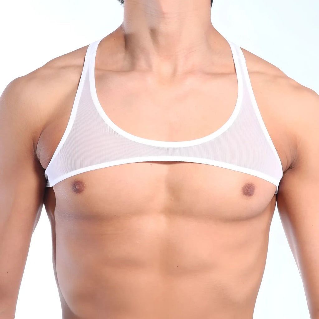 White mesh tank top with thin straps and rounded neckline by metromalewear model 3129-70
