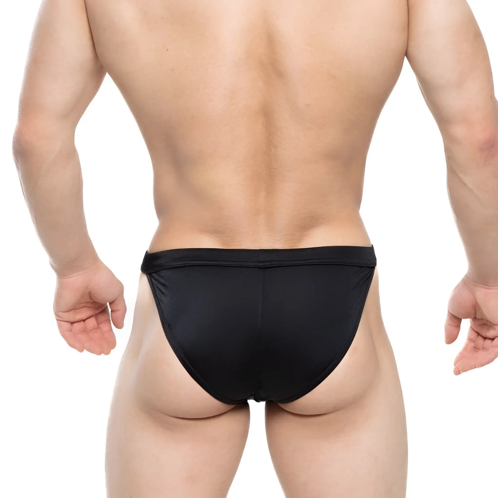 MetroMaleWear Torres swim bikini black form-fitting swim trunks with smooth stretchy fabric and narrow waistband
