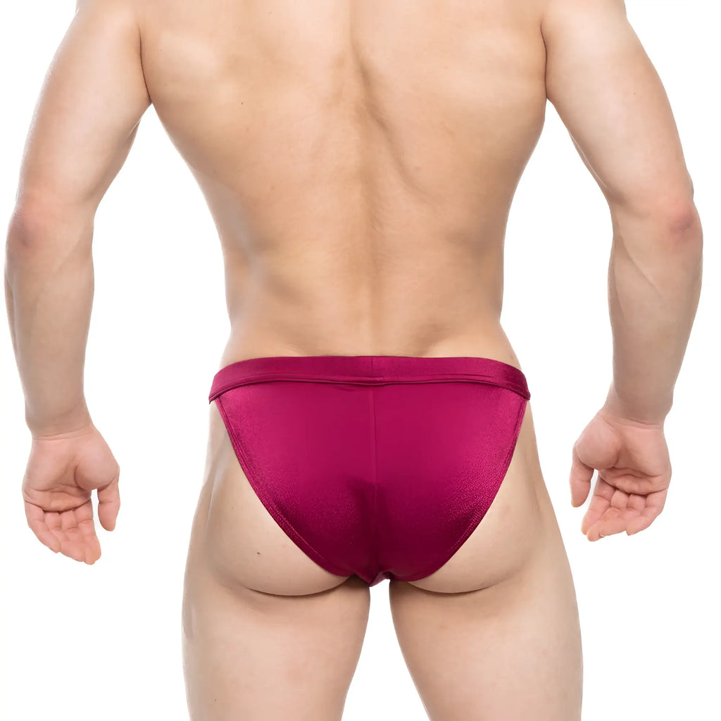 MetroMaleWear Torres swim bikini burgundy in sleek deep magenta satin finish swim trunks front view