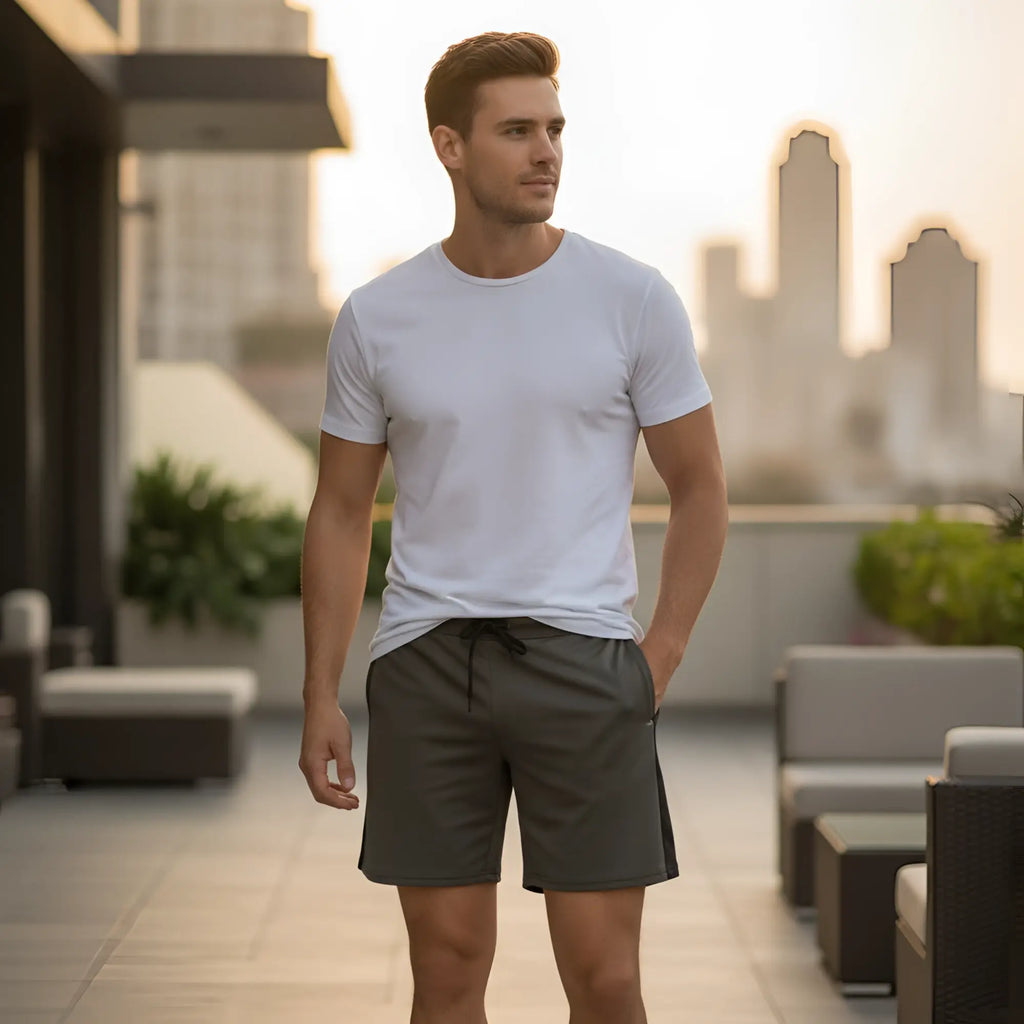 Dark gray metroMalewear trainer shorts with black side panels and drawstring waistband for athletic use
