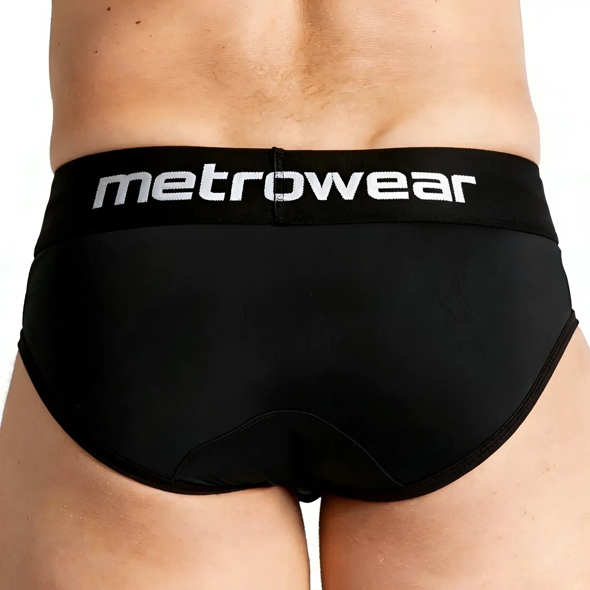Black metrowear travis briefs with white logo waistband offering comfortable durable men’s underwear
