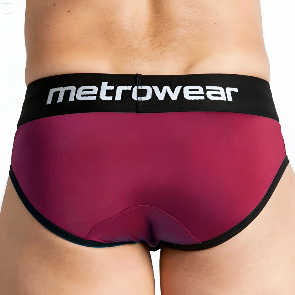 Maroon and black metrowear briefs with sleek form-fitting design by MetroMaleWear Travis Brief Burgundy 5106-29