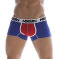 Blue and red MetroMaleWear tricolor short boxer briefs with white waistband and black logo text for athletic use