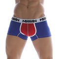 Blue and red MetroMaleWear tricolor short boxer briefs with white waistband and black logo text for athletic use