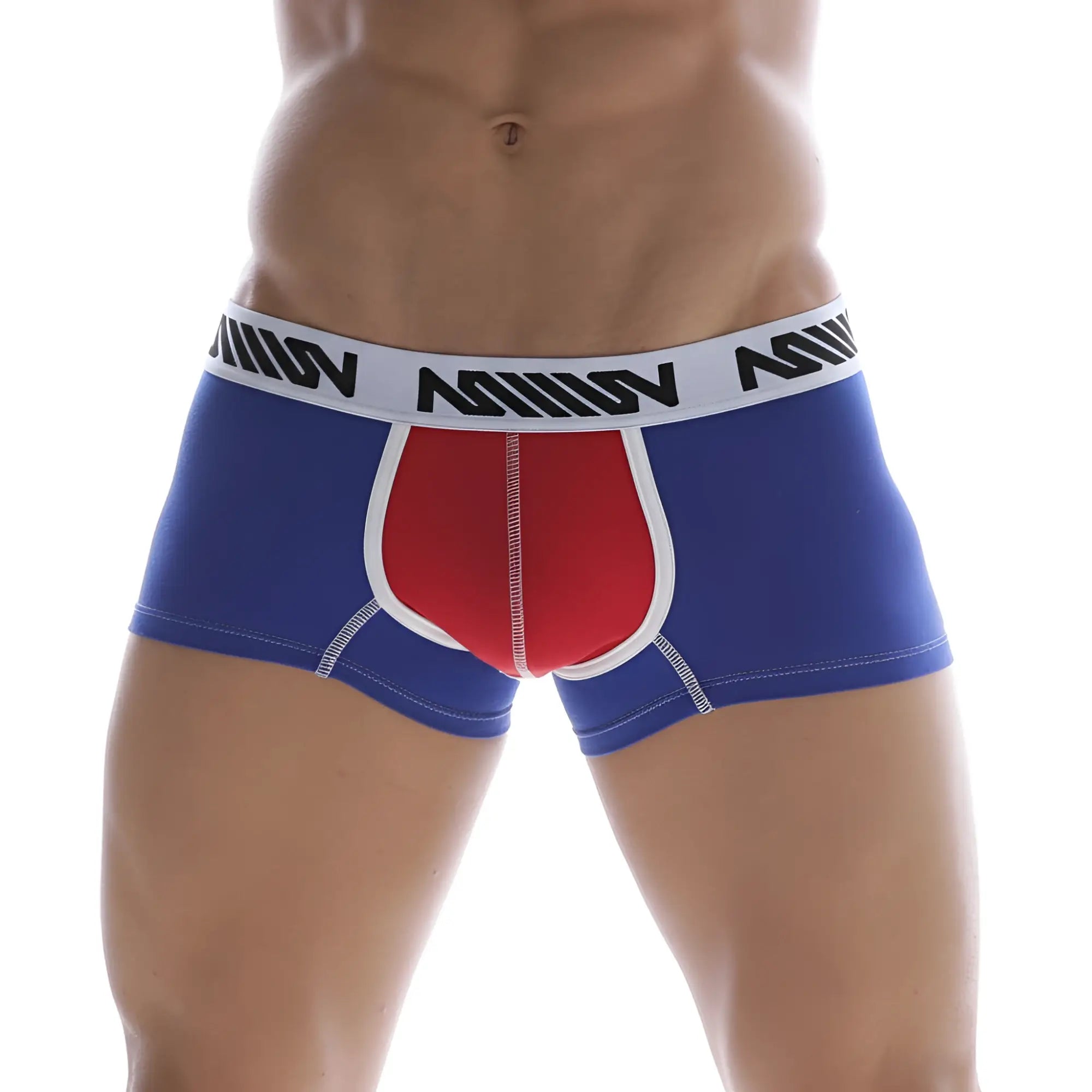 Blue and red MetroMaleWear tricolor short boxer briefs with white waistband and black logo text for athletic use