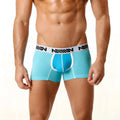 Light blue metro male wear tricolor short boxer briefs with white waistband and black logo pattern 7 inch length