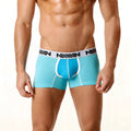 Light blue metro male wear tricolor short boxer briefs with white waistband and black logo pattern 7 inch length