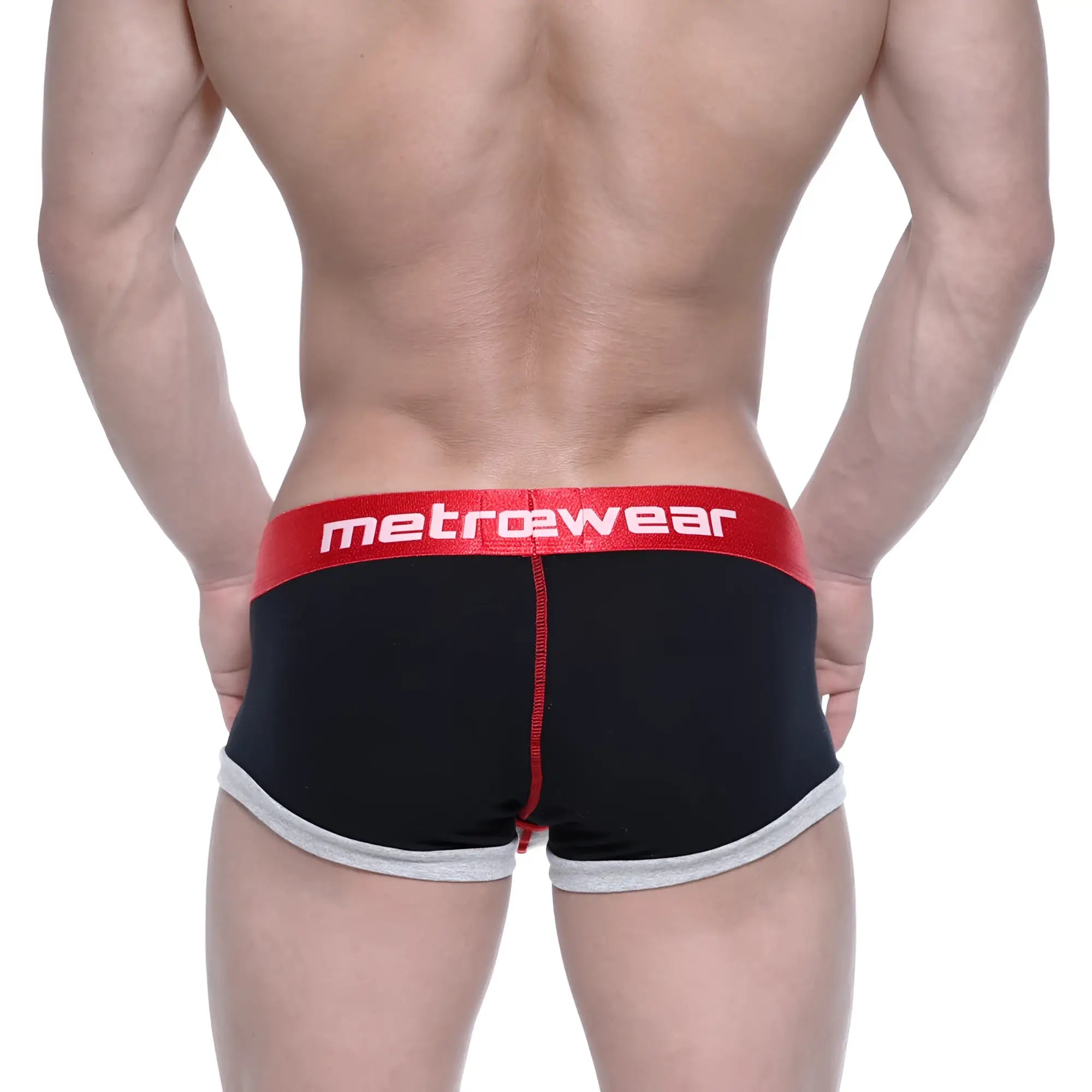 Black mens briefs metroMalewear trio boxer black 3013-41 with red waistband and gray trim along leg openings
