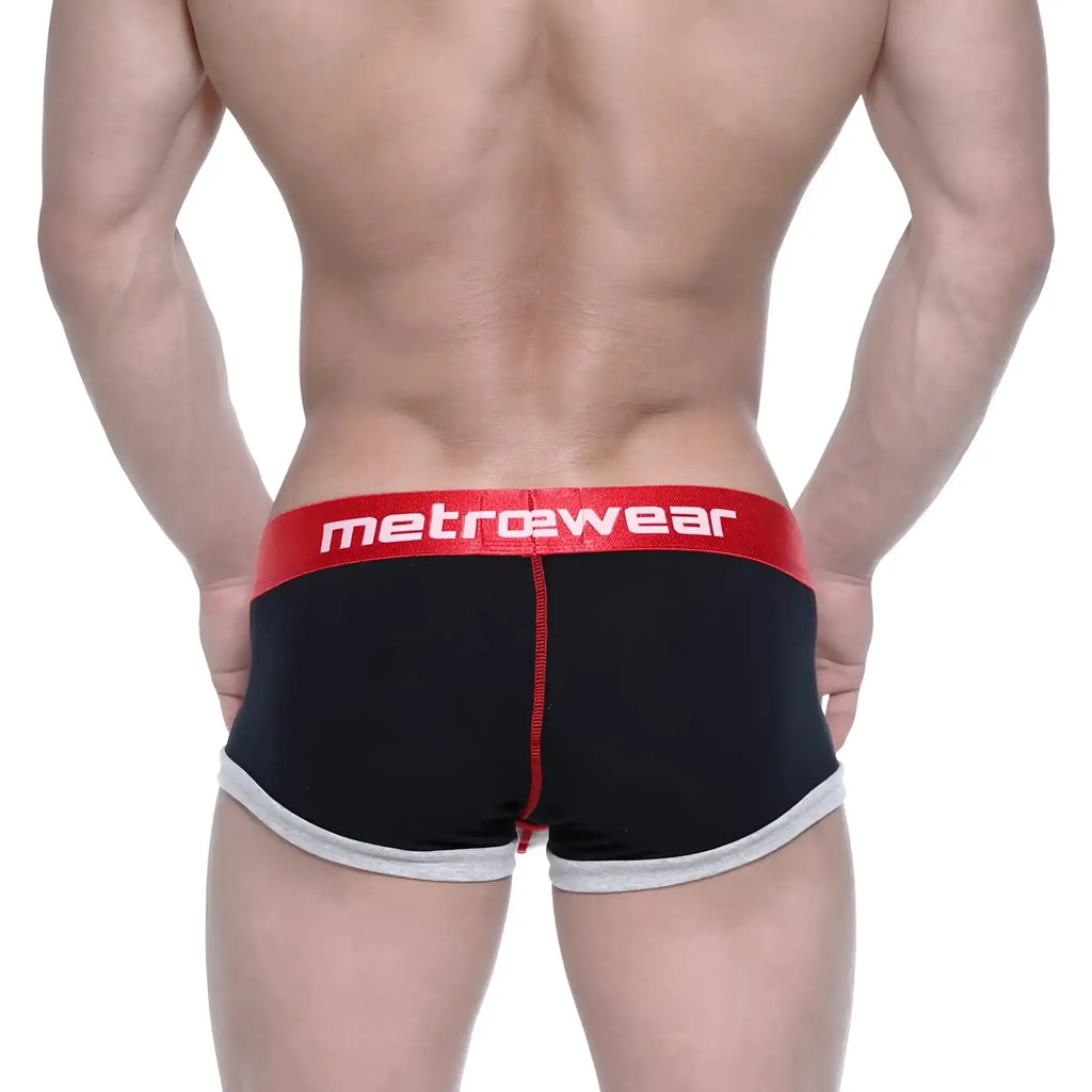 Black mens briefs metroMalewear trio boxer black 3013-41 with red waistband and gray trim along leg openings