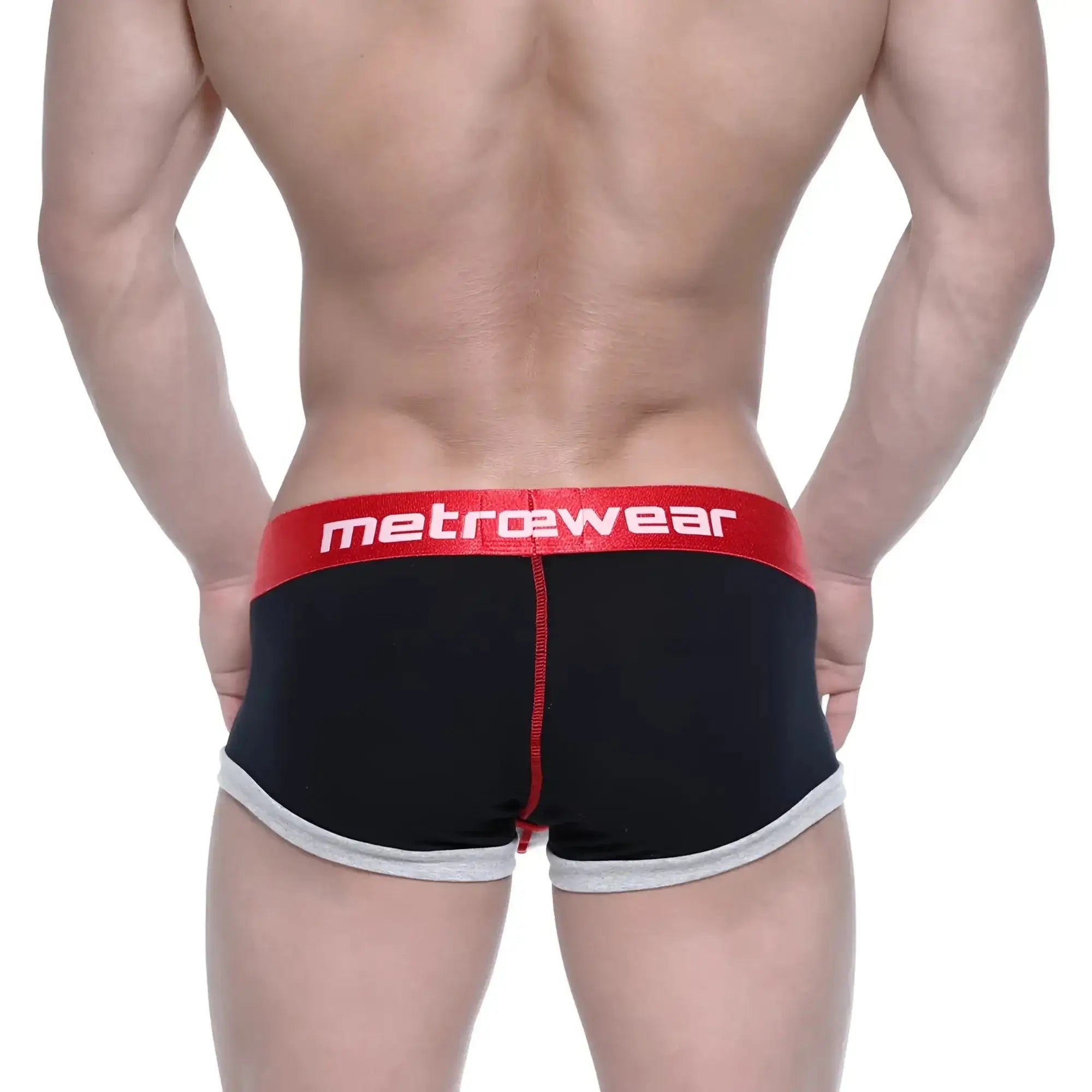 Black mens briefs metroMalewear trio boxer black 3013-41 with red waistband and gray trim along leg openings