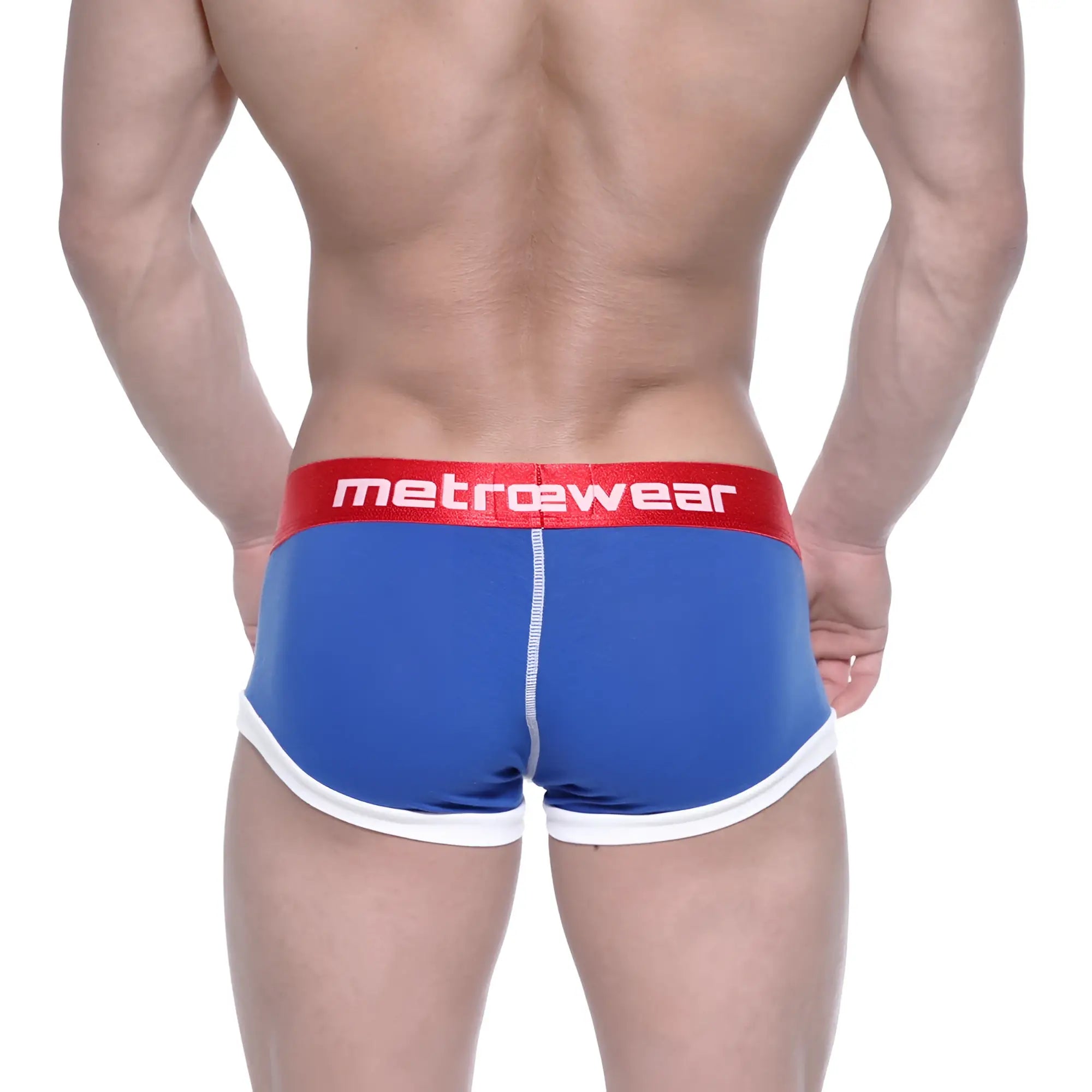 Blue and white athletic briefs with a red waistband featuring the metrowear logo metroMalewear trio boxer royal blue 3013-40