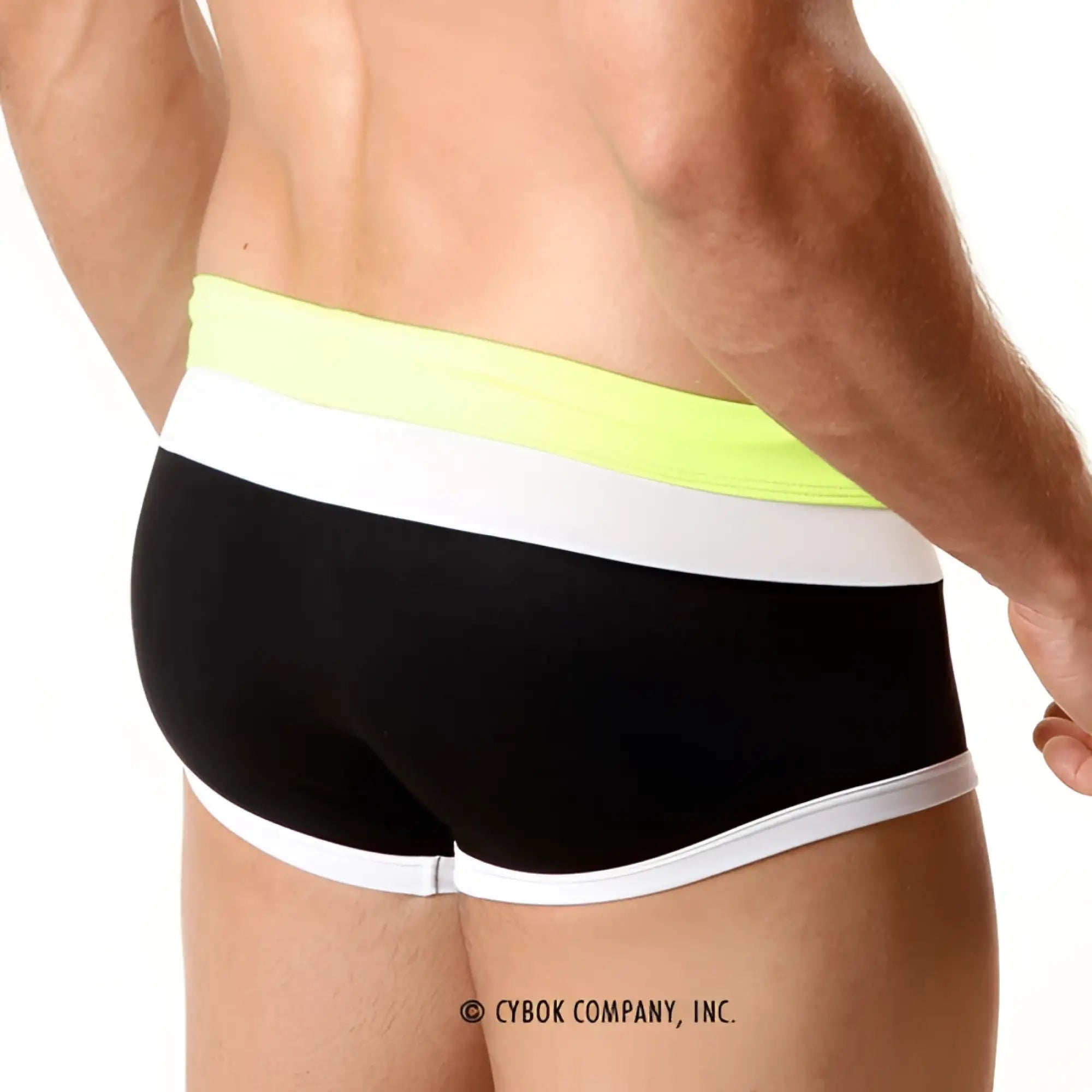 MetroMaleWear trio swim trunk black briefs with a bright neon yellow and white striped waistband front view