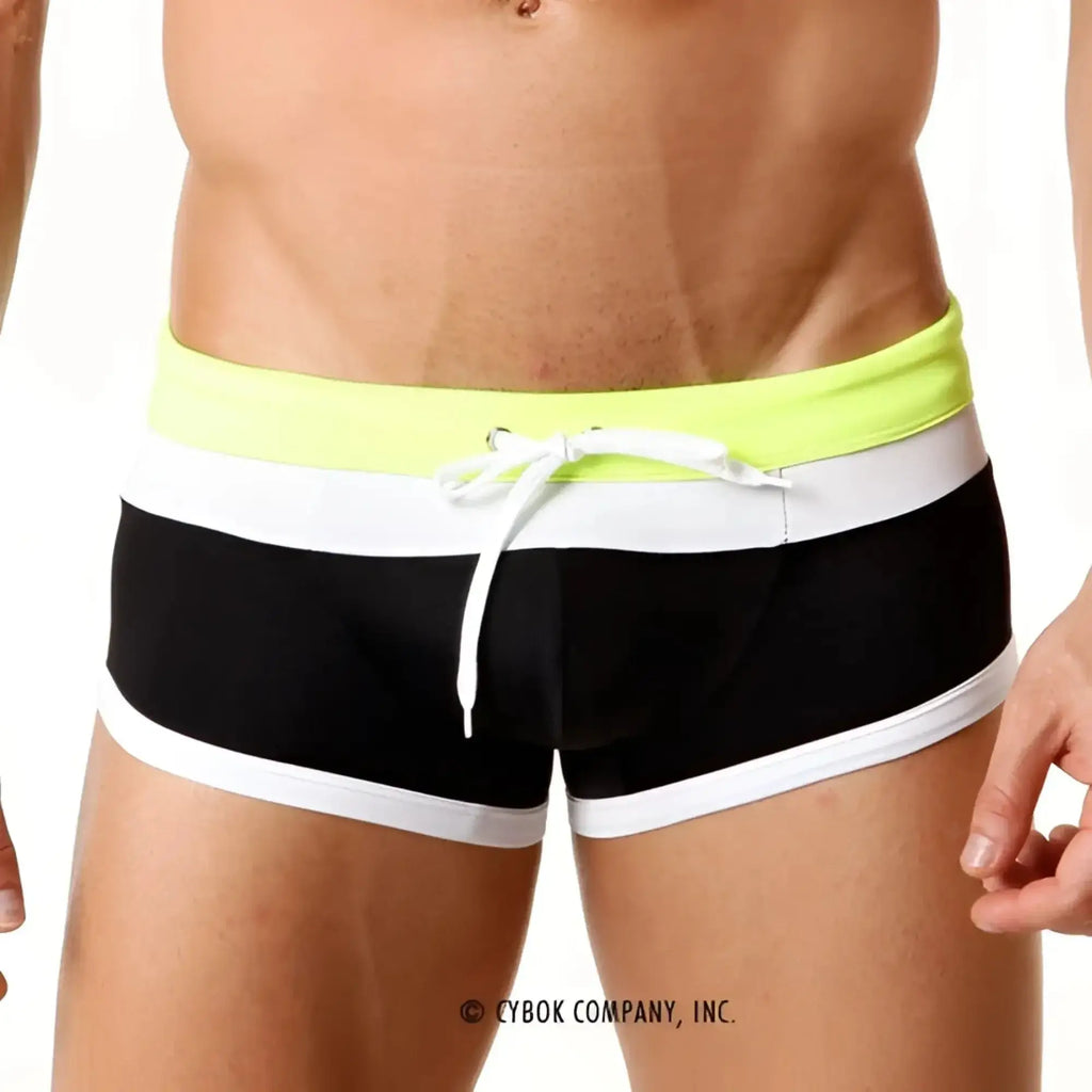 MetroMaleWear trio black swim trunks with black and white stripes and neon yellow waistband and drawstring