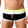 MetroMaleWear trio black swim trunks with black and white stripes and neon yellow waistband and drawstring