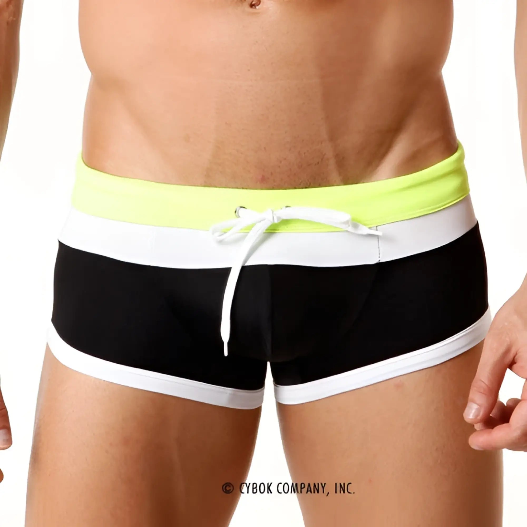 MetroMaleWear trio black swim trunks with black and white stripes and neon yellow waistband and drawstring