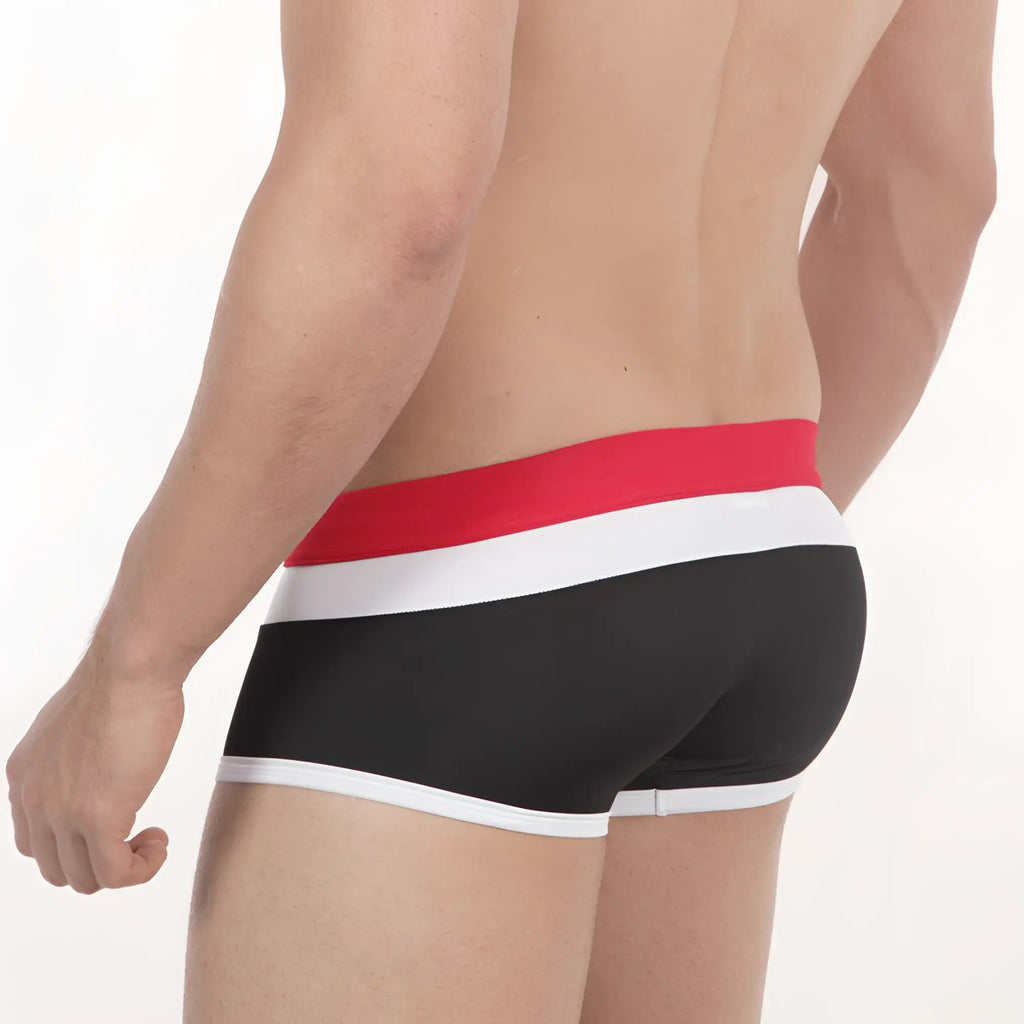Black briefs with bold red and white striped waistband from MetroMaleWear Trio Swim Trunk black RED 4913-40 collection