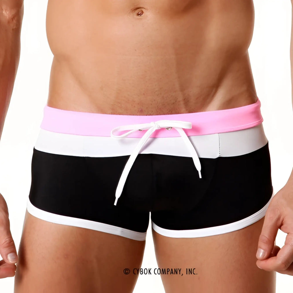 MetroMaleWear trio swim trunk pink 4913-02 featuring black and white stripes with bright pink waistband and white drawstring