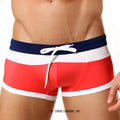 MetroMalewear trio swim trunk red 4913-12 featuring red white and navy blue stripes with a white drawstring