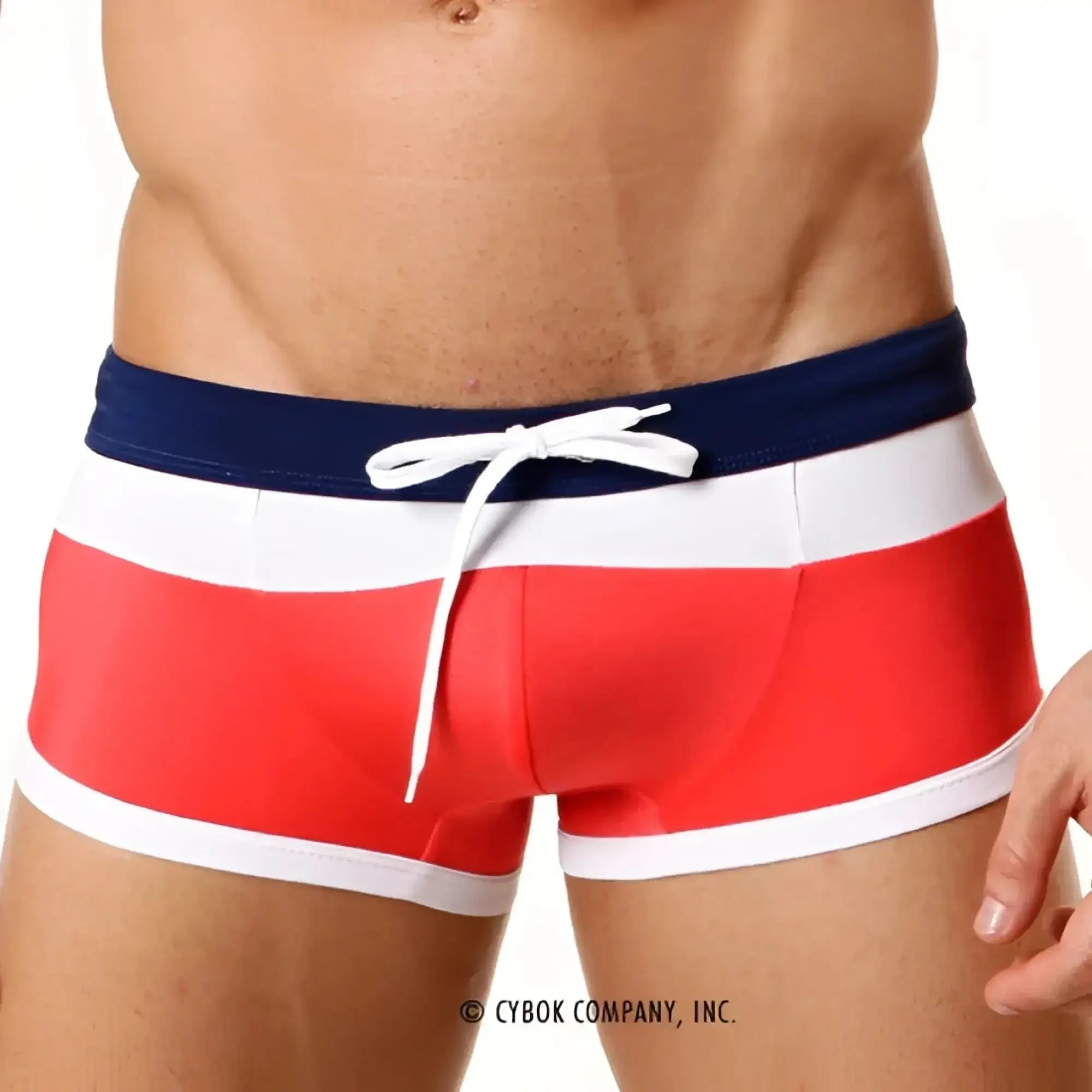 MetroMalewear trio swim trunk red 4913-12 featuring red white and navy blue stripes with a white drawstring