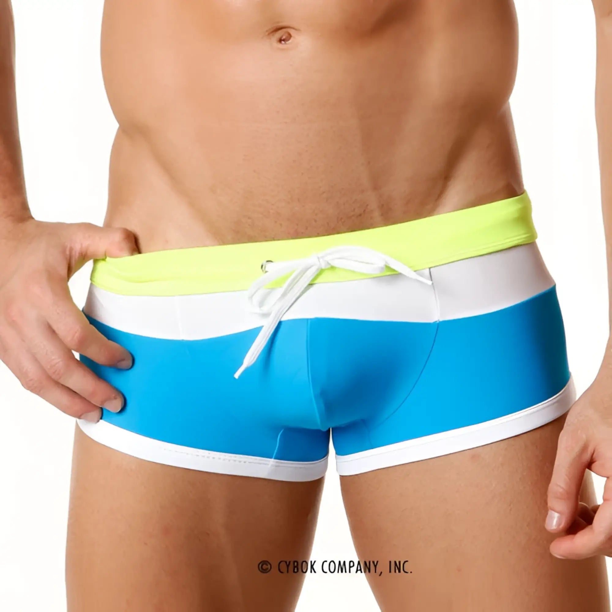 Metro male wear trio swim trunk turquoise 4913-08 with bright blue and white stripes and neon yellow waistband and drawstring