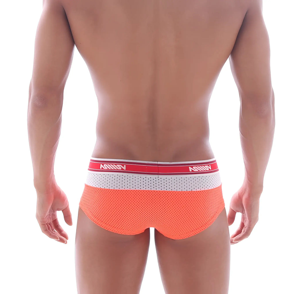 Orange mesh briefs with red and white amiri branded waistband from MetroMaleWear triple boxer neon orange 2913-24