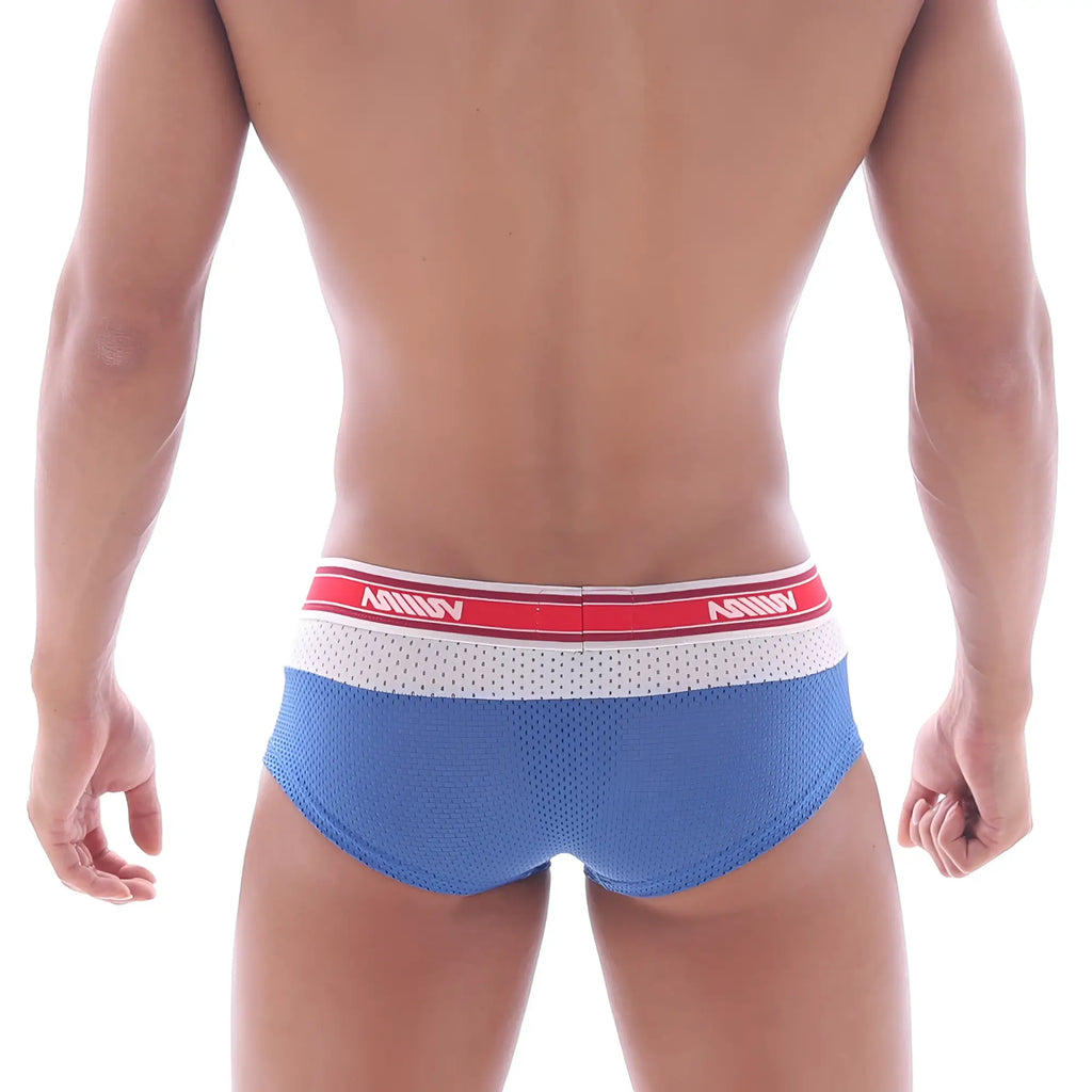 MetroMaleWear triple boxer royal blue mesh briefs with a red and white ashny branded elastic waistband