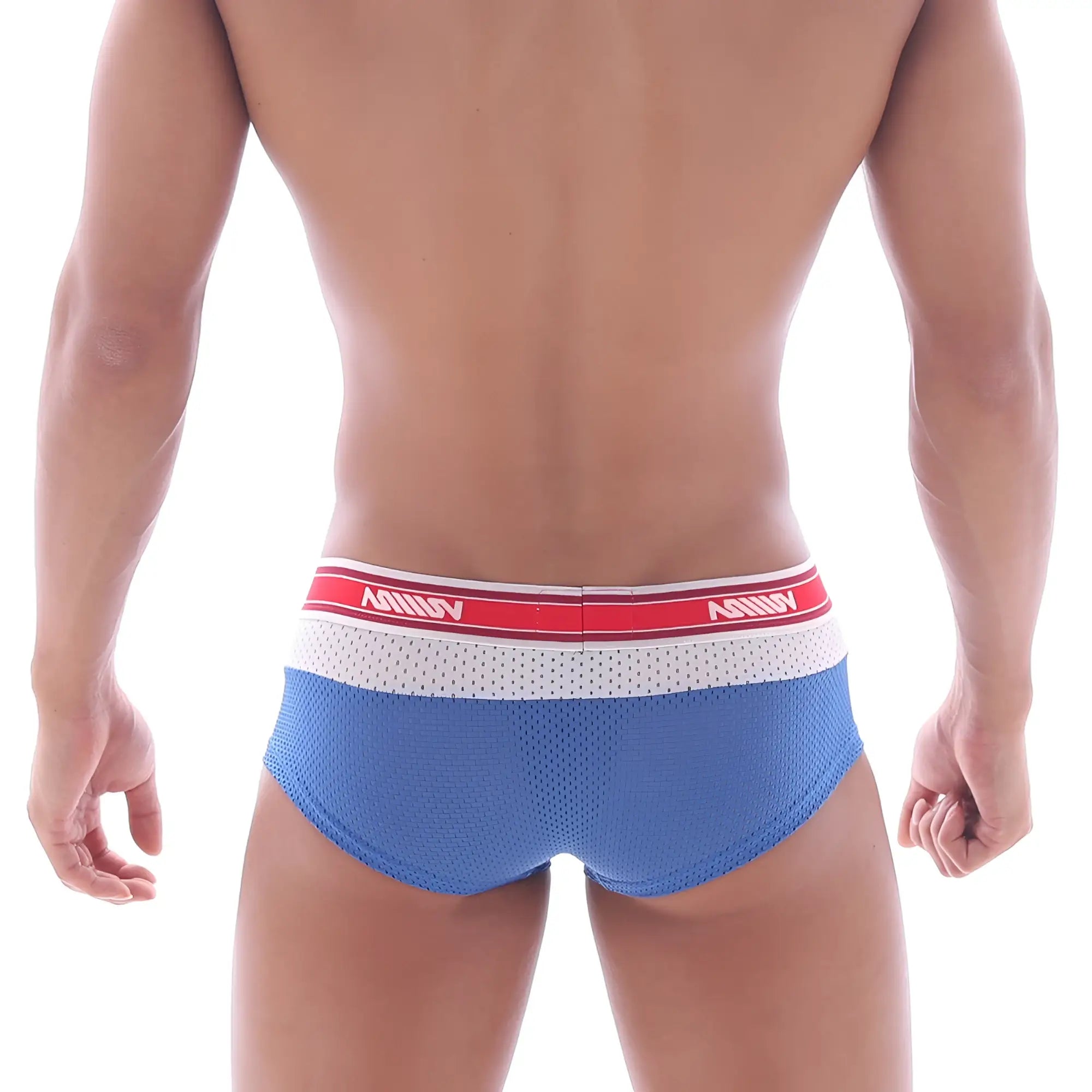 MetroMaleWear triple boxer royal blue mesh briefs with a red and white ashny branded elastic waistband