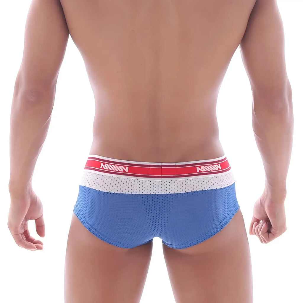 MetroMaleWear triple boxer royal blue mesh briefs with a red and white ashny branded elastic waistband