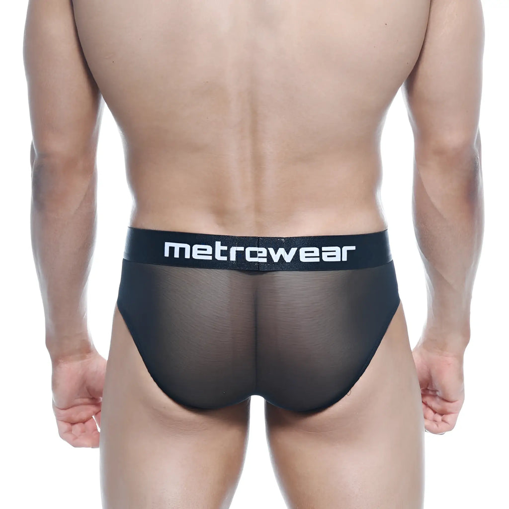 MetroMaleWear tron hip brief black mesh with a solid black waistband featuring the MetreWear logo in white