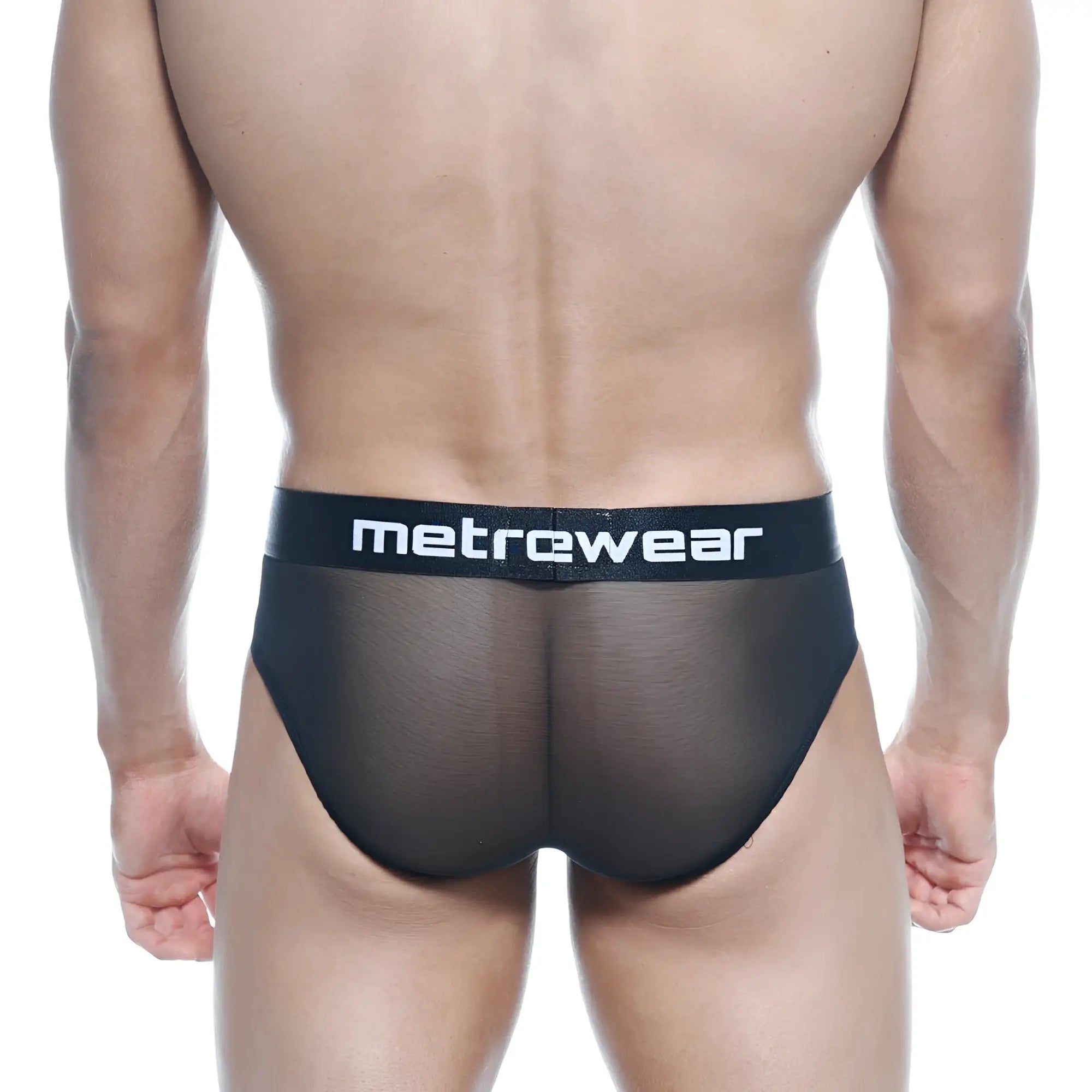 MetroMaleWear tron hip brief black mesh with a solid black waistband featuring the MetreWear logo in white