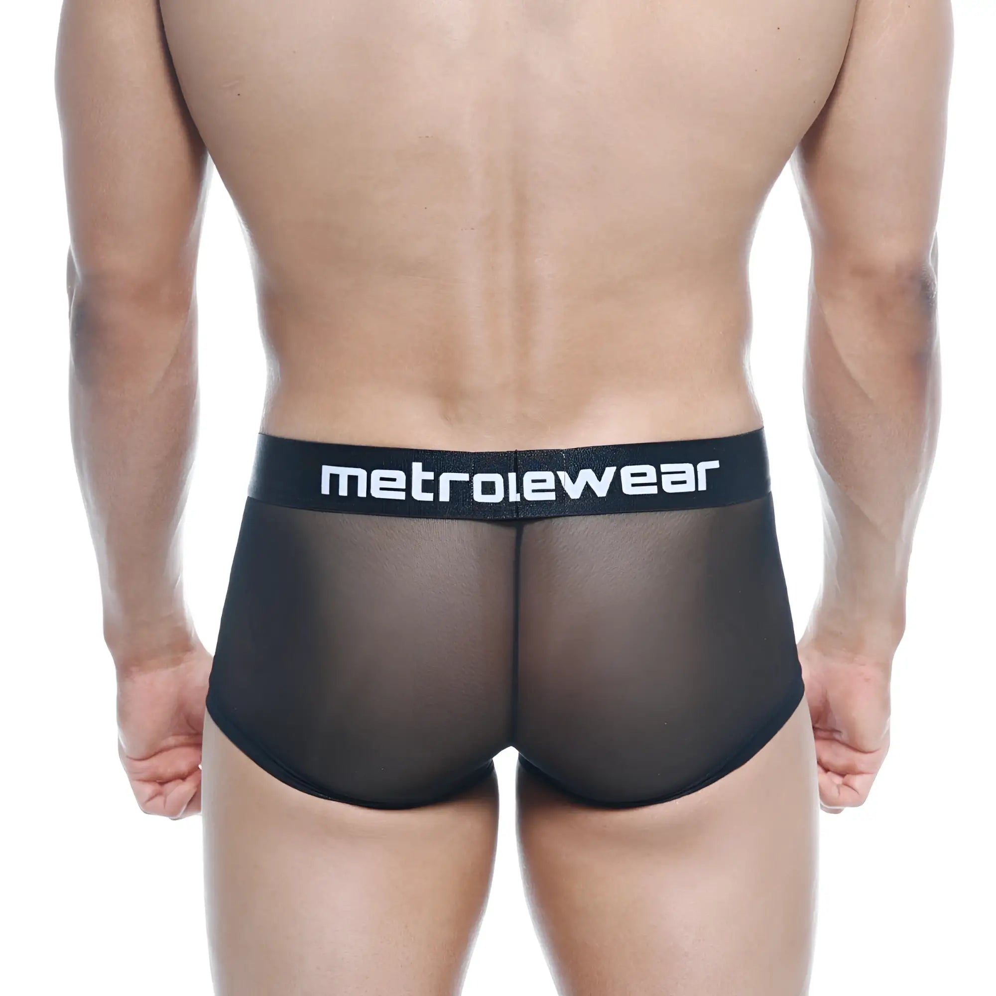 Black mesh briefs with a solid black waistband featuring the metrowear logo from metromalewear tron trunk 2026-70