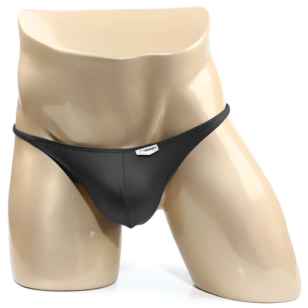 Black sleek minimalist thong with subtle MetroMaleWear brand tag at front from TROZO BIKINI 6126-20 collection