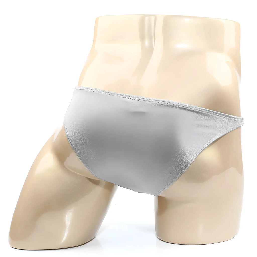 Silver metallic MetroMaleWear TROZO bikini briefs with smooth shiny fabric and a sleek design