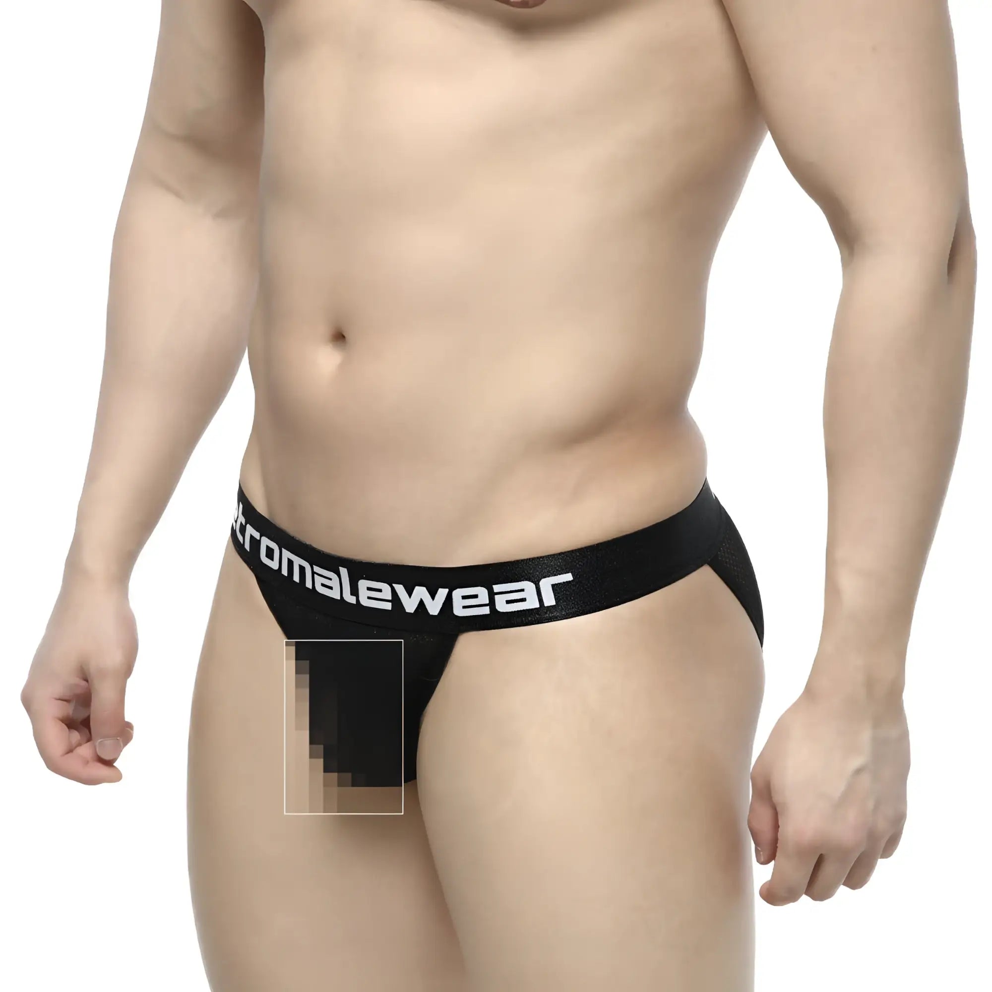 Black MetroMaleWear Tull bikini thong with mesh panel and white branding on waistband in chromalewear material