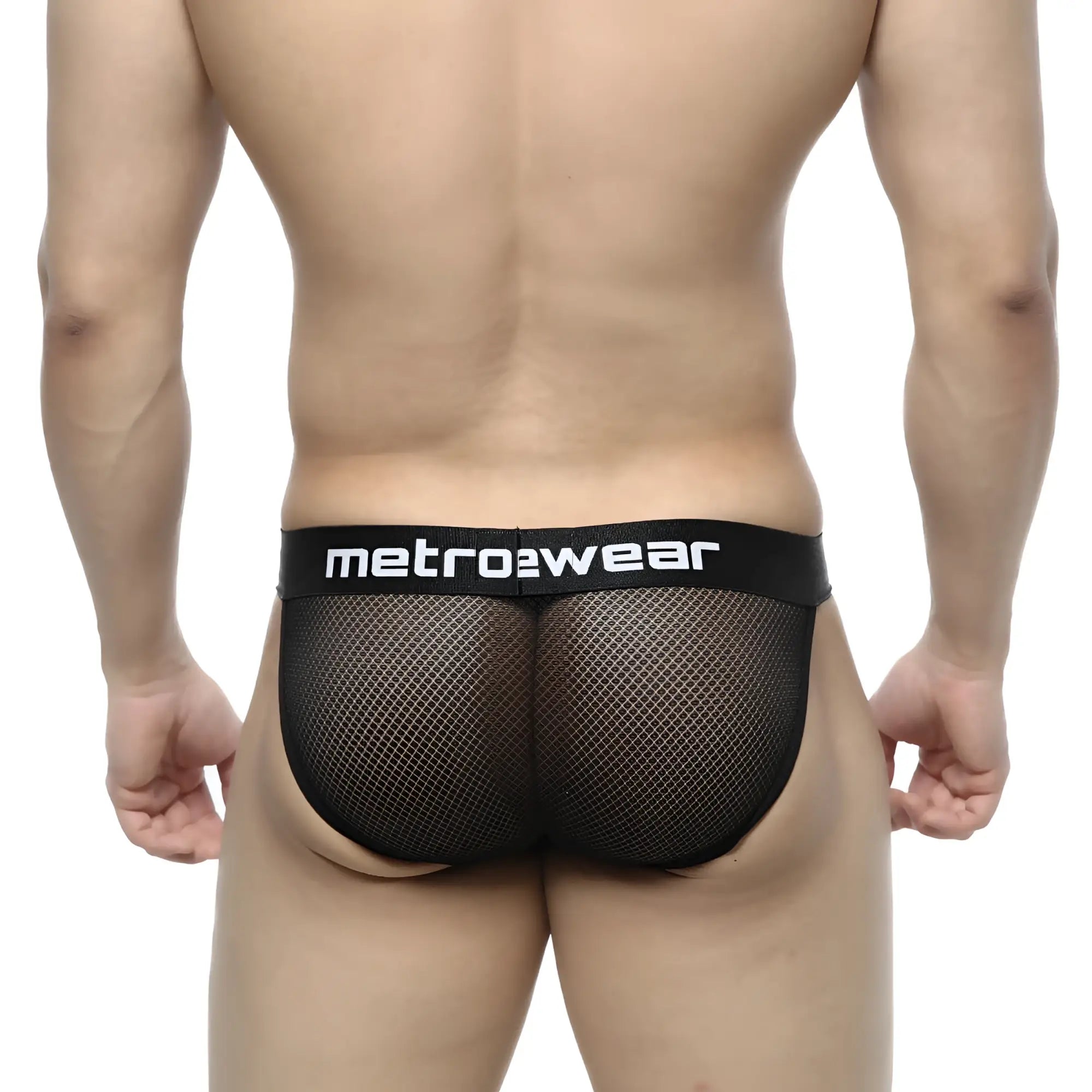Black mesh metroMalewear tull bikini briefs with black elastic waistband and white metro2wear logo
