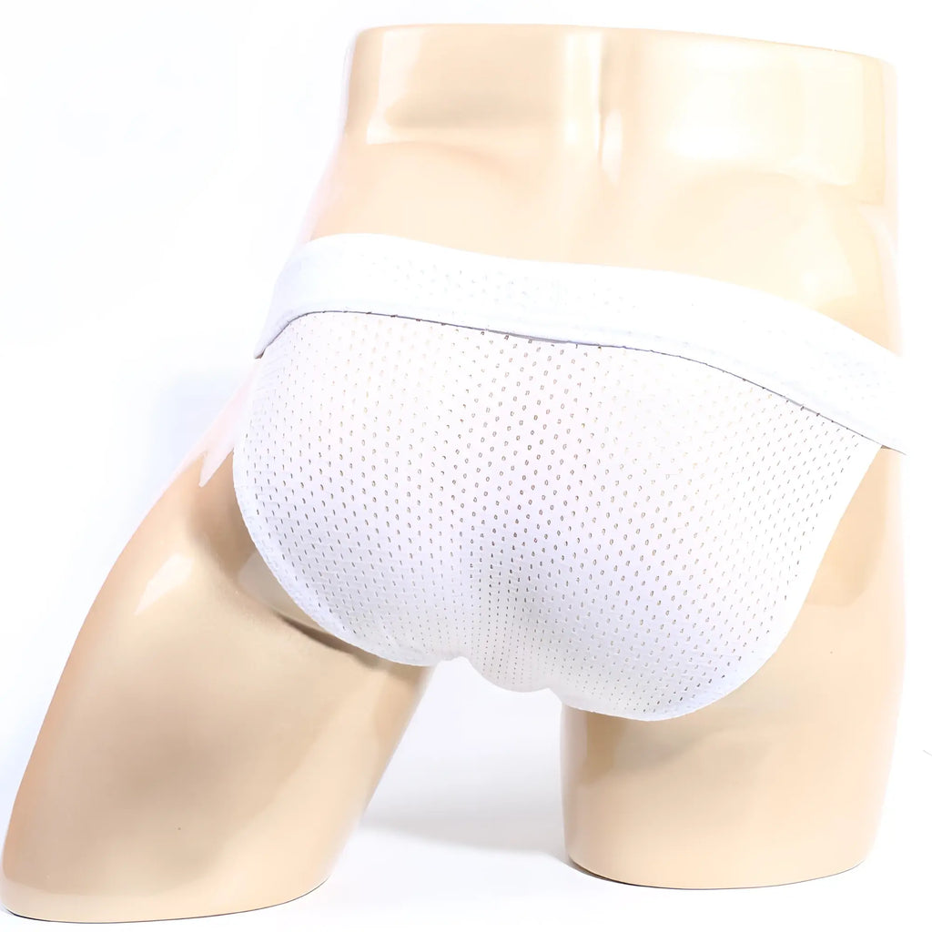 White mesh briefs with a solid white waistband by metromalewear tull bikini 3304-32 for comfortable daily wear