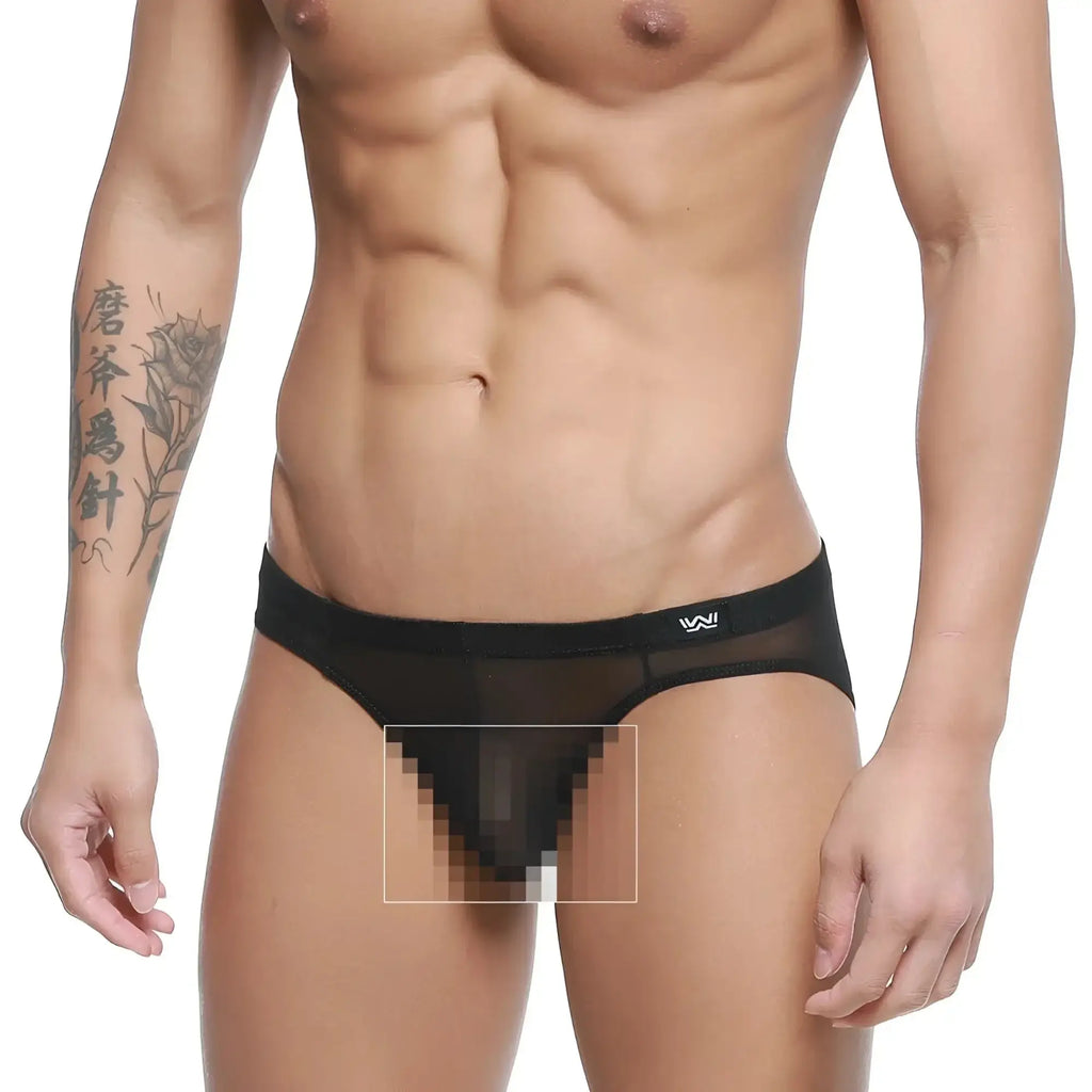 Metro malewear tull negro bikini 5103-m70 black sheer mesh briefs with solid waistband and small white logo